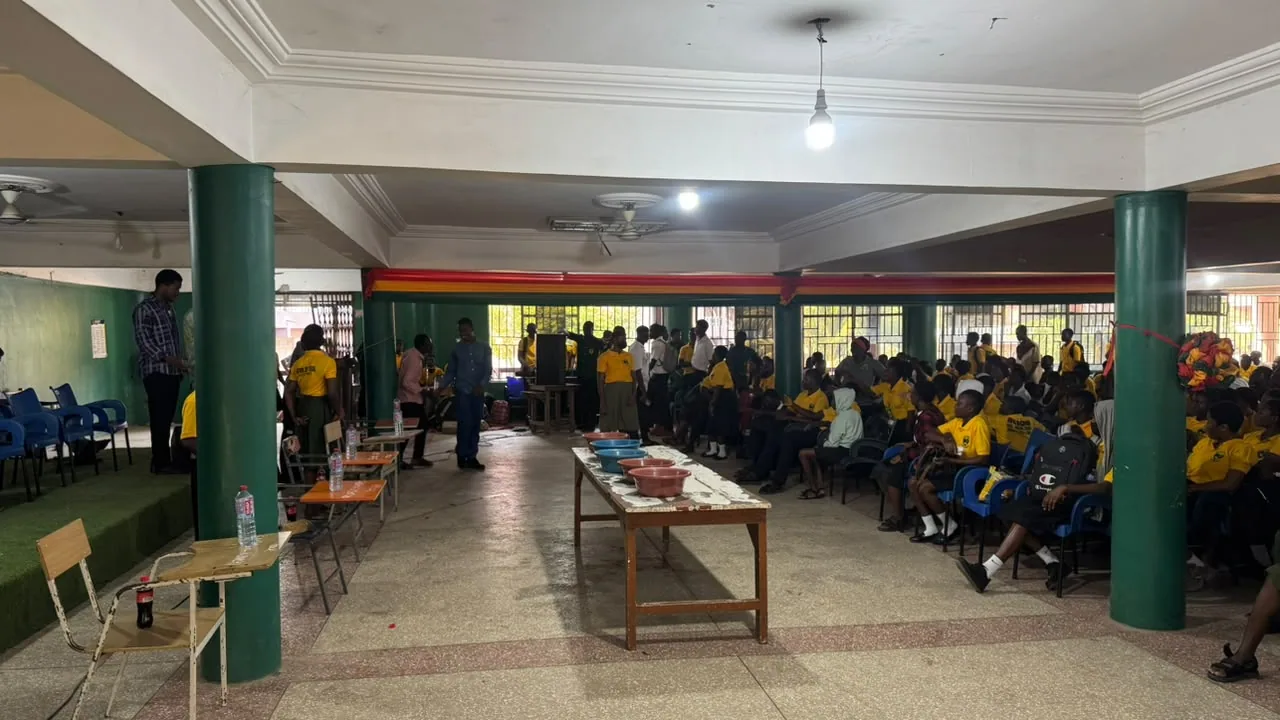 Eating competition stage prepared in the Action SHTS assembly hall with students watching